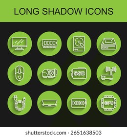 Set line Electric plug, Laptop, Computer monitor screen, Hard disk drive HDD, Processor with CPU, Video graphic card, Router and wi-fi signal and SSD icon. Vector