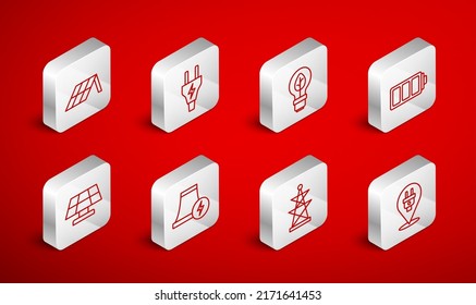 Set line Electric plug, Light bulb with leaf, Battery, tower, Solar energy panel, Nuclear power plant and  icon. Vector