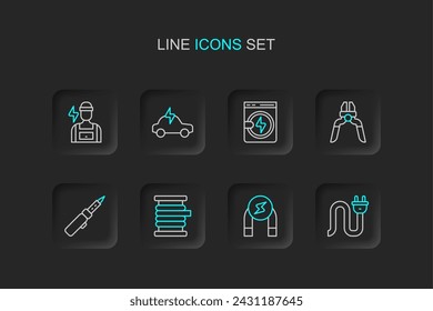 Set line Electric plug, Magnet, Wire electric cable on reel, Soldering iron, Pliers tool, Washer, car and Electrician icon. Vector