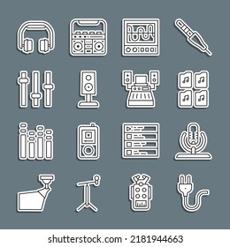 Set Line Electric Plug, Microphone, Music File Document, Oscilloscope, Stereo Speaker, Equalizer, Headphones And Recording Studio Icon. Vector