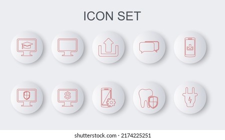 Set line Electric plug, Monitor and shield, Upload, Dental protection, with graduation cap, Computer monitor screen, dollar and Setting smartphone icon. Vector