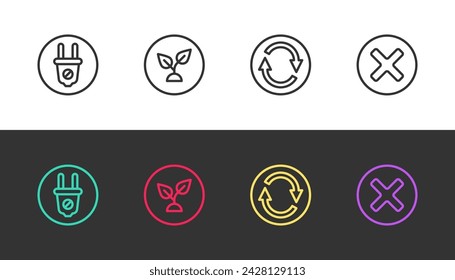 Set line Electric plug, Plant based, Recycle symbol and X Mark, Cross in circle on black and white. Vector