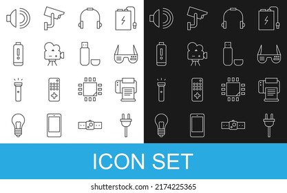 Set line Electric plug, Printer, Smart glasses, Headphones, Retro cinema camera, Battery charge level indicator, Speaker volume and USB flash drive icon. Vector