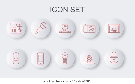 Set line Electric plug, Remote control, Smart sensor, Antenna, Coffee machine, Microphone, Smartphone and Light bulb icon. Vector