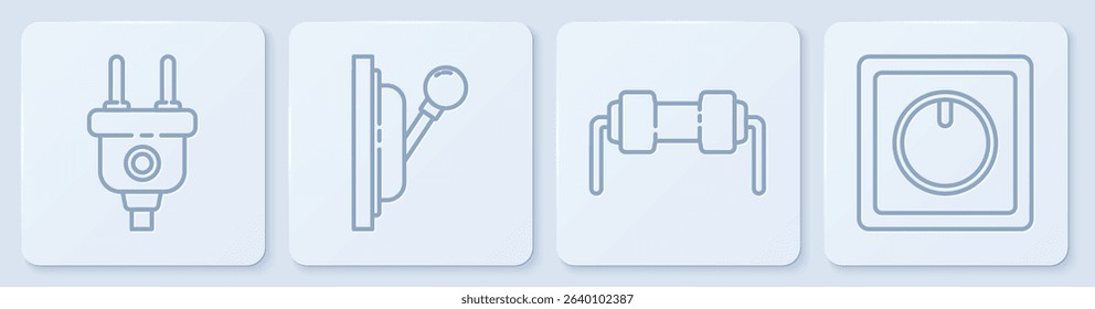 Set line Electric plug, Resistor electricity, Electrical panel and Electric light switch. White square button. Vector