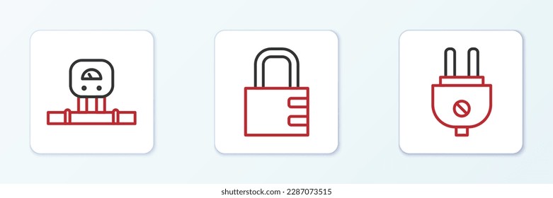 Fijar línea Enchufe eléctrica, sensor inteligente e icono de bloqueo combinado de seguridad. Vector