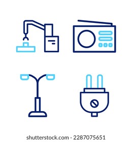 Set Line Elektrische Stecker, Straßenleuchte, Radio und Roboter Arm Fabrik Symbol. Vektorgrafik