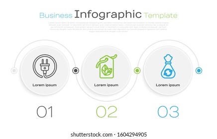 Set line Electric plug, Tag with leaf symbol and Garbage bag with recycle. Business infographic template. Vector