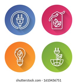 Set line Electric plug, Tag with leaf symbol, Light bulb with leaf and Electric saving plug in leaf. Color circle button. Vector