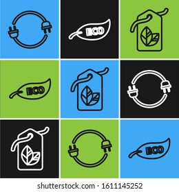 Set line Electric plug, Tag with leaf symbol and Leaf Eco symbol icon. Vector