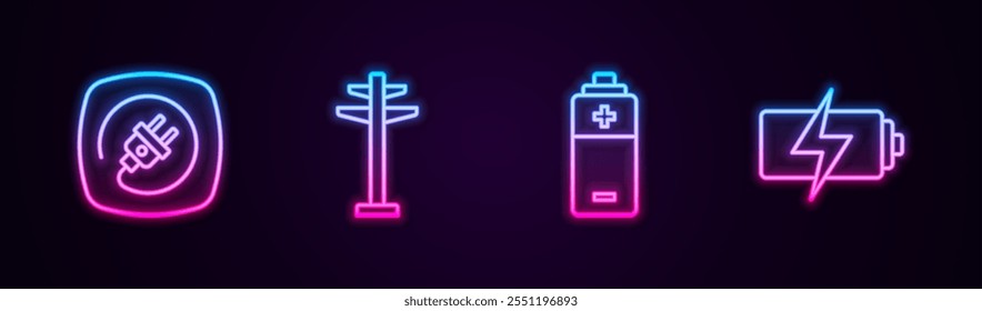 Set line Electric plug, tower, Battery and . Glowing neon icon. Vector