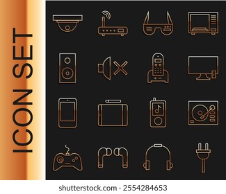 Set line Electric plug, Vinyl player, Smart Tv, glasses, Speaker mute, Stereo speaker, Motion sensor and Telephone icon. Vector