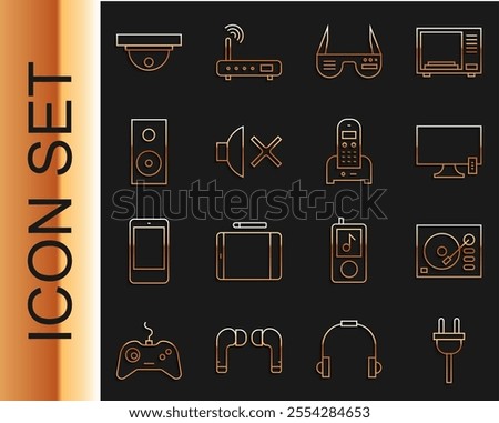 Set line Electric plug, Vinyl player, Smart Tv, glasses, Speaker mute, Stereo speaker, Motion sensor and Telephone icon. Vector