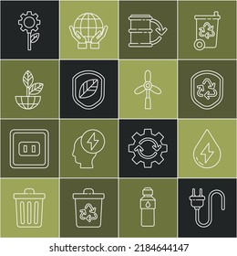 Set line Electric plug, Water energy, Recycle symbol inside shield, Eco fuel barrel, Shield with leaf, Earth globe and plant, Leaf gear machine and Wind turbine icon. Vector