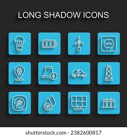 Set line Electric plug, Water energy, LED light bulb, Solar panel, Hydroelectric dam, Nuclear power plant, Antenna and car icon. Vector