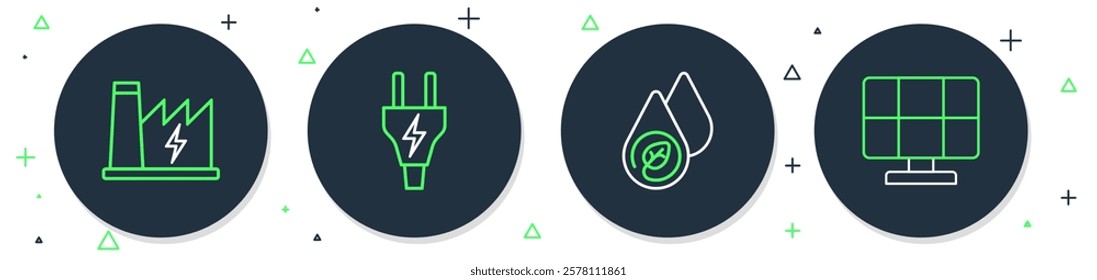 Set line Electric plug, Water energy, Nuclear power plant and Solar panel icon. Vector