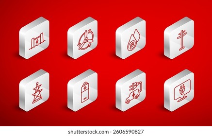 Set line Electric plug, Wind turbine, Water energy, tower, car, Hydroelectric dam, Battery and  icon. Vector