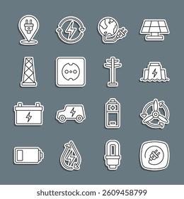 Set line Electric plug, Wind turbine, Hydroelectric dam, Global energy power planet, Electrical outlet, Antenna,  and tower icon. Vector