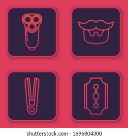 Set line Electric razor blade for men, Curling iron for hair, Mustache and beard and Blade razor. Blue square button. Vector