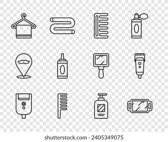 Set line Electric razor blade for men, Hand mirror, Hairbrush, Towel on hanger, Bottle of shampoo,  and Electrical hair clipper shaver icon. Vector