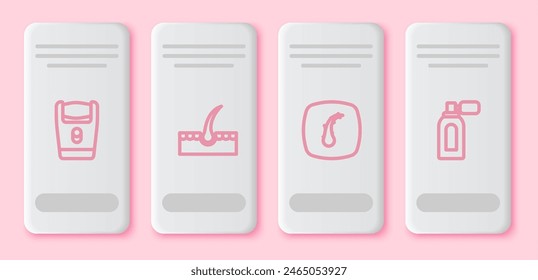 Fijar línea Hoja de afeitar eléctrica, folículo de pelo humano, y Aftershave con atomizador. Botón rectangular blanco. Vector