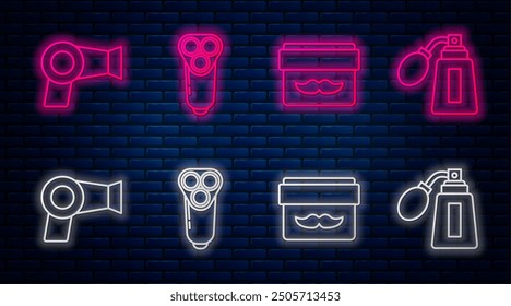 Set line Electric razor blade for men, Cream or lotion cosmetic jar, Hair dryer and Aftershave bottle with atomizer. Glowing neon icon on brick wall. Vector