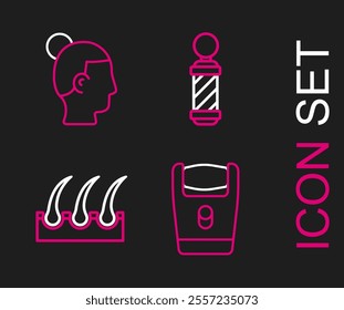 Set line Electric razor blade, Human hair follicle, Classic Barber shop pole and Hairstyle for men icon. Vector