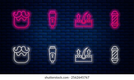 Set line Electric razor blade, Human hair follicle, Mustache and beard and Classic Barber shop pole. Glowing neon icon on brick wall. Vector