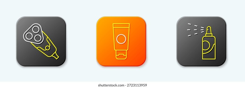 Cuchilla de afeitar eléctrica, tubo cosmético de crema y lata de aerosol para el icono de laca para el cabello. Vector