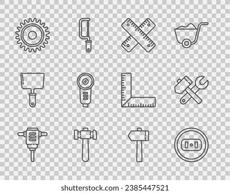 Set line Electric rotary hammer drill, Electrical outlet, Crossed ruler, Hammer, Circular saw blade, Angle grinder,  and and wrench spanner icon. Vector