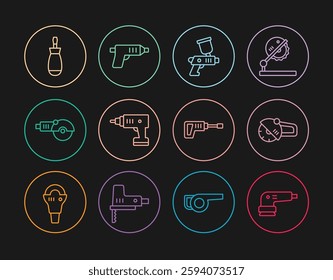 Set line Electric sander, Angle grinder, Paint spray gun, cordless screwdriver, Screwdriver, Rotary hammer drill machine and  icon. Vector
