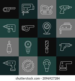 Set line Electric sander, cordless screwdriver, jigsaw, planer tool, Leaf garden blower, drill machine, Reciprocating and Circular blade icon. Vector