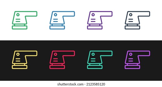 Fijar la línea Icono de lijador eléctrico aislado en fondo blanco y negro. Sander orbital. Para el suelo y tablas de madera lijando papel de lija.  Vector