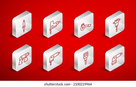 Fijar línea Ensangramiento eléctrico, sierra de jigsaw, soplador de jardín de hojas, martillo de jackmer de construcción, hierro de soldadura e icono de pistola de aerosol de pintura. Vector