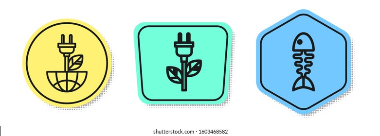 Set line Electric saving plug in leaf, Electric saving plug in leaf and Fish skeleton. Colored shapes. Vector