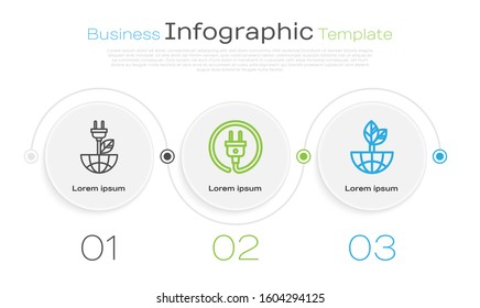 Set line Electric saving plug in leaf, Electric plug and Earth globe and leaf. Business infographic template. Vector