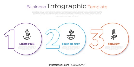 Set line Electric saving plug in leaf, Earth globe and leaf and Light bulb with leaf. Business infographic template. Vector