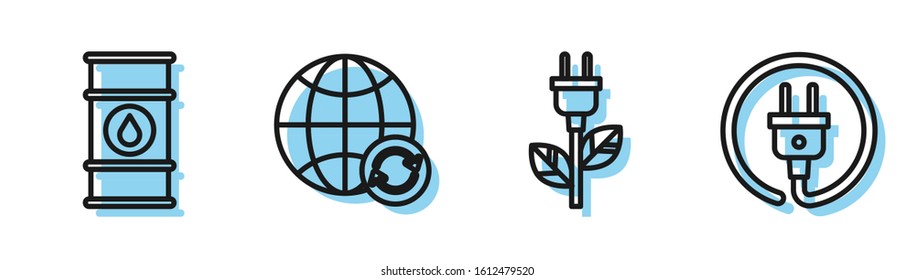 Set line Electric saving plug in leaf, Oil barrel line, Planet earth and a recycling and Electric plug icon. Vector