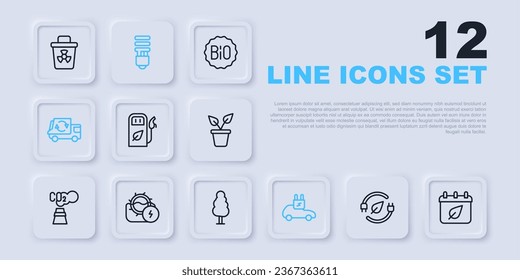 Set line Electric saving plug in leaf, Calendar with autumn leaves, Petrol or gas station, car, Garbage truck, Water mill, LED light bulb and Tree icon. Vector