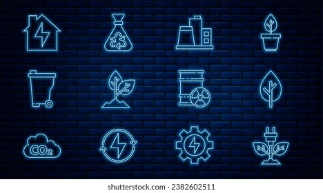 Set line Electric saving plug in leaf, Tree, Factory, Plant, Trash can, House and lightning, Radioactive waste barrel and Garbage bag with recycle icon. Vector