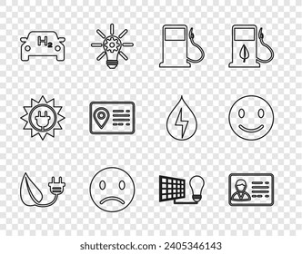 Set line Electric saving plug in leaf, Identification badge, Petrol or Gas station, Sad smile, Hydrogen car, Address book, Solar energy panel and light bulb and Smile face icon. Vector