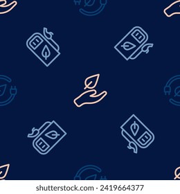 Fijar la línea "Electric save plug in leaf", gasolinera o gasolinera y "Leaf" en un patrón sin fisuras. Vector