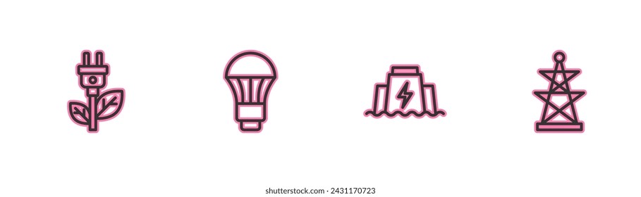 Set line Electric saving plug in leaf, Hydroelectric dam, LED light bulb and tower icon. Vector