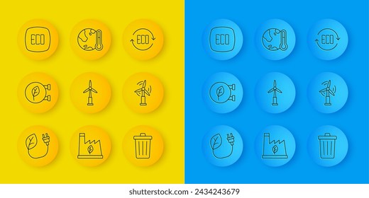 Set line Electric saving plug in leaf, Eco shop, Wind turbine, Trash can, Leaf symbol,  and Earth melting to global warming icon. Vector