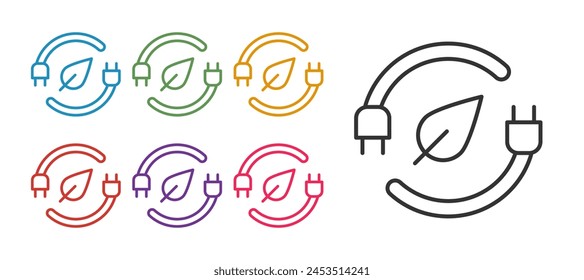 Set line Electric saving plug in leaf icon isolated on white background. Save energy electricity. Environmental protection. Bio energy. Set icons colorful. Vector
