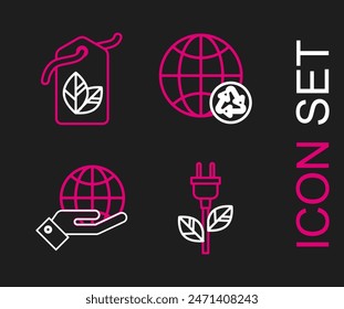 Set line Electric saving plug in leaf, Human hands holding Earth globe, Planet earth recycling and Tag with symbol icon. Vector