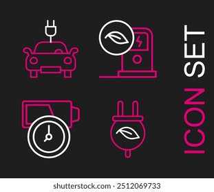 Set line Electric saving plug in leaf, Battery charge, car charging station and  icon. Vector