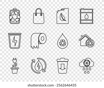 Set line Electric saving plug in pot, Bio fuel canister, Recycle clean aqua, Battery with recycle, Toilet paper roll, Send to the trash and Eco House recycling icon. Vector