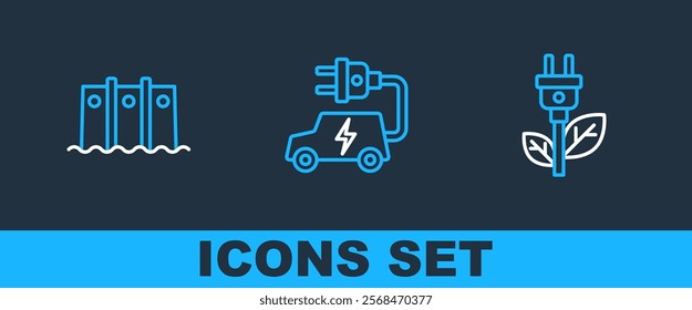 Set line Electric saving plug in leaf, Hydroelectric dam and car icon. Vector