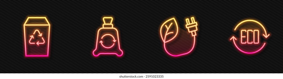 Set line Electric saving plug in leaf, Recycle bin, Garbage bag with recycle and Leaf Eco symbol. Glowing neon icon. Vector